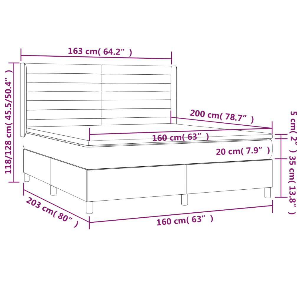 vidaXL Κρεβάτι Boxspring με Στρώμα & LED Σκ.Καφέ 160x200εκ. Υφασμάτινο