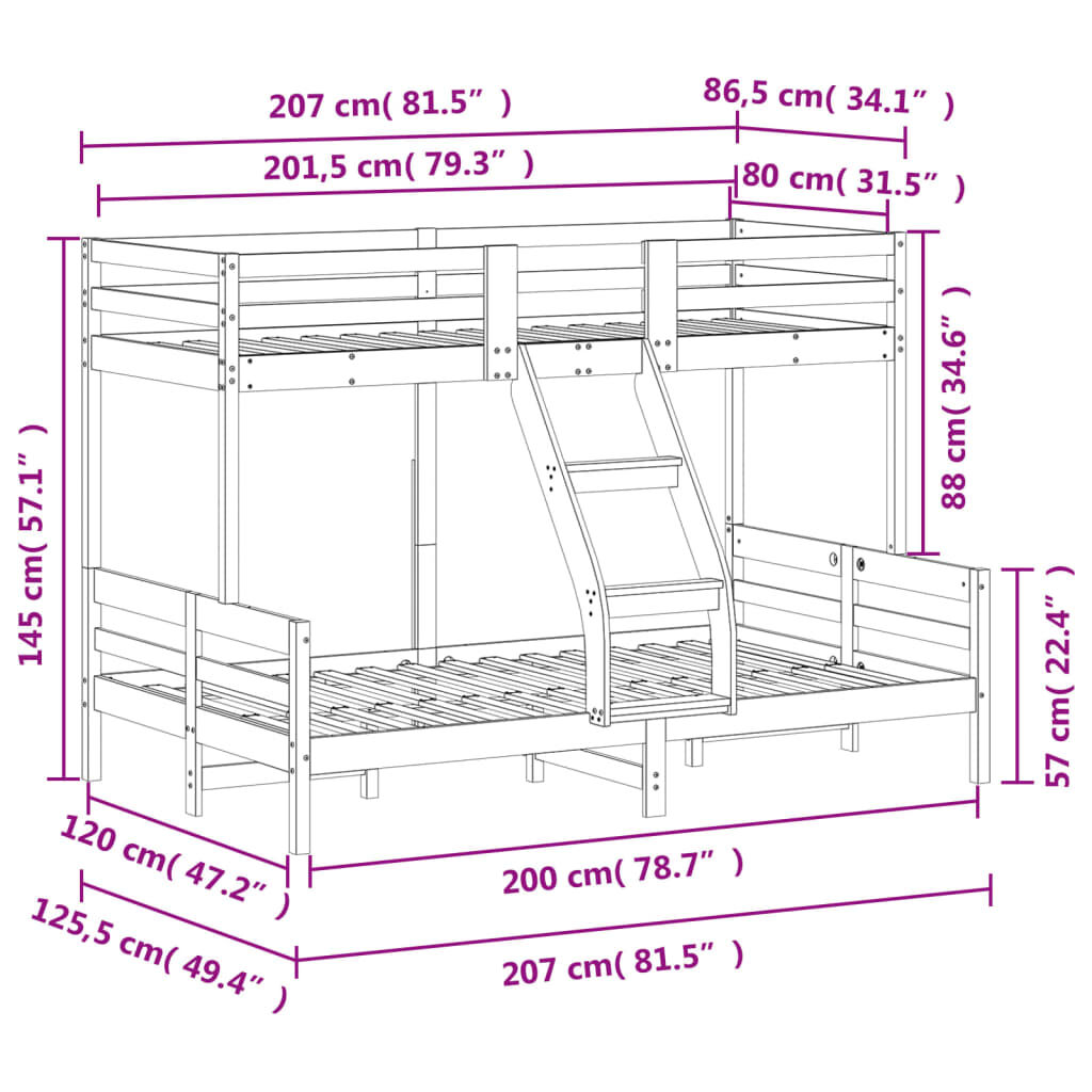 vidaXL Κουκέτα 80x200/120x200 εκ. από Μασίφ Ξύλο Πεύκου