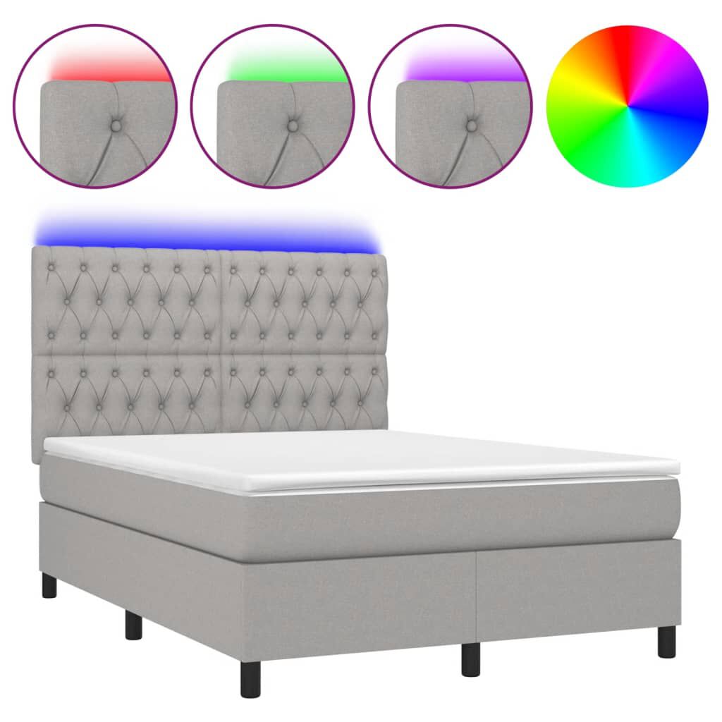 vidaXL Κρεβάτι Boxspring με Στρώμα & LED Αν.Γκρι 140x190εκ. Υφασμάτινο