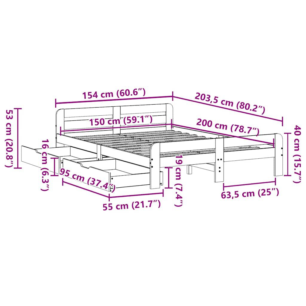 vidaXL Σκελετός Κρεβατιού Χωρίς Στρώμα 150x200 εκ Μασίφ Ξύλο Πεύκου