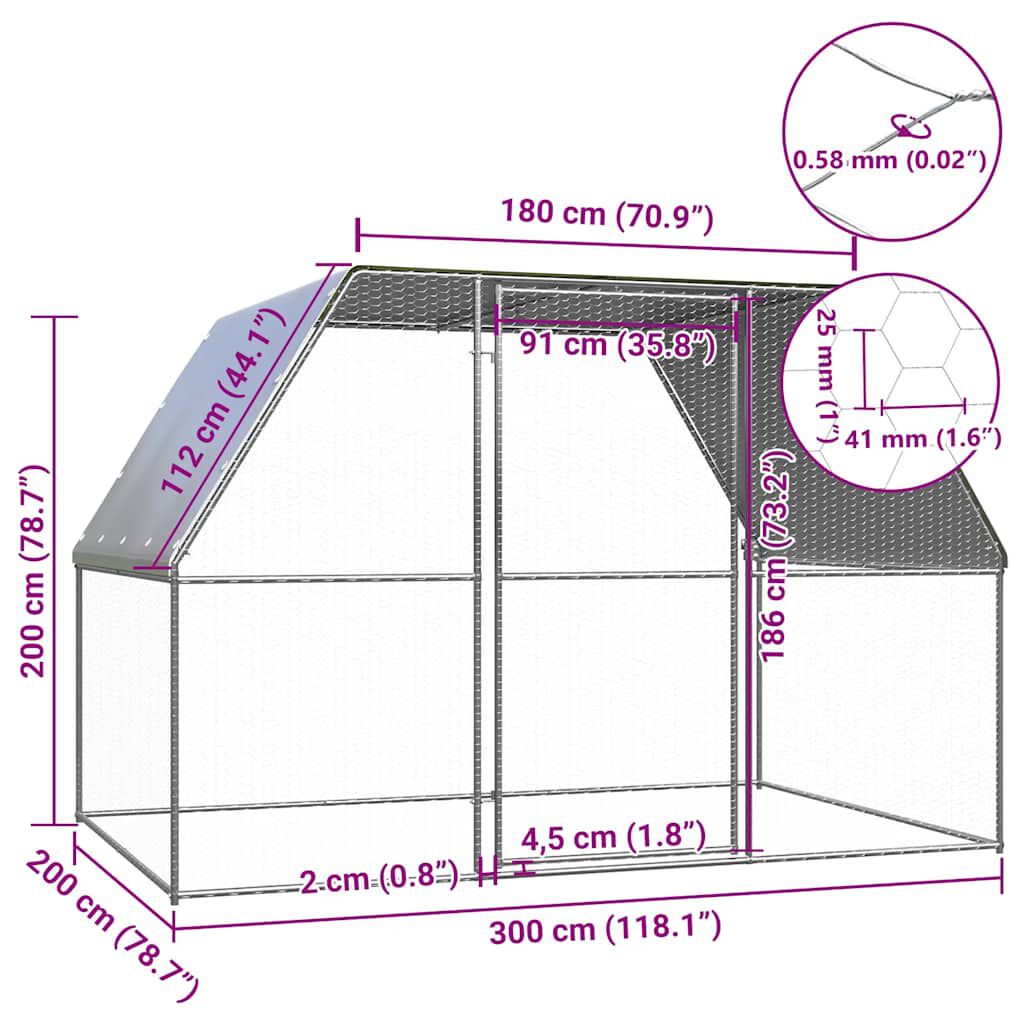 vidaXL Κοτέτσι - Κλουβί Ασημί / Γκρι 3x2x2 μ. από Γαλβανισμένο Χάλυβα