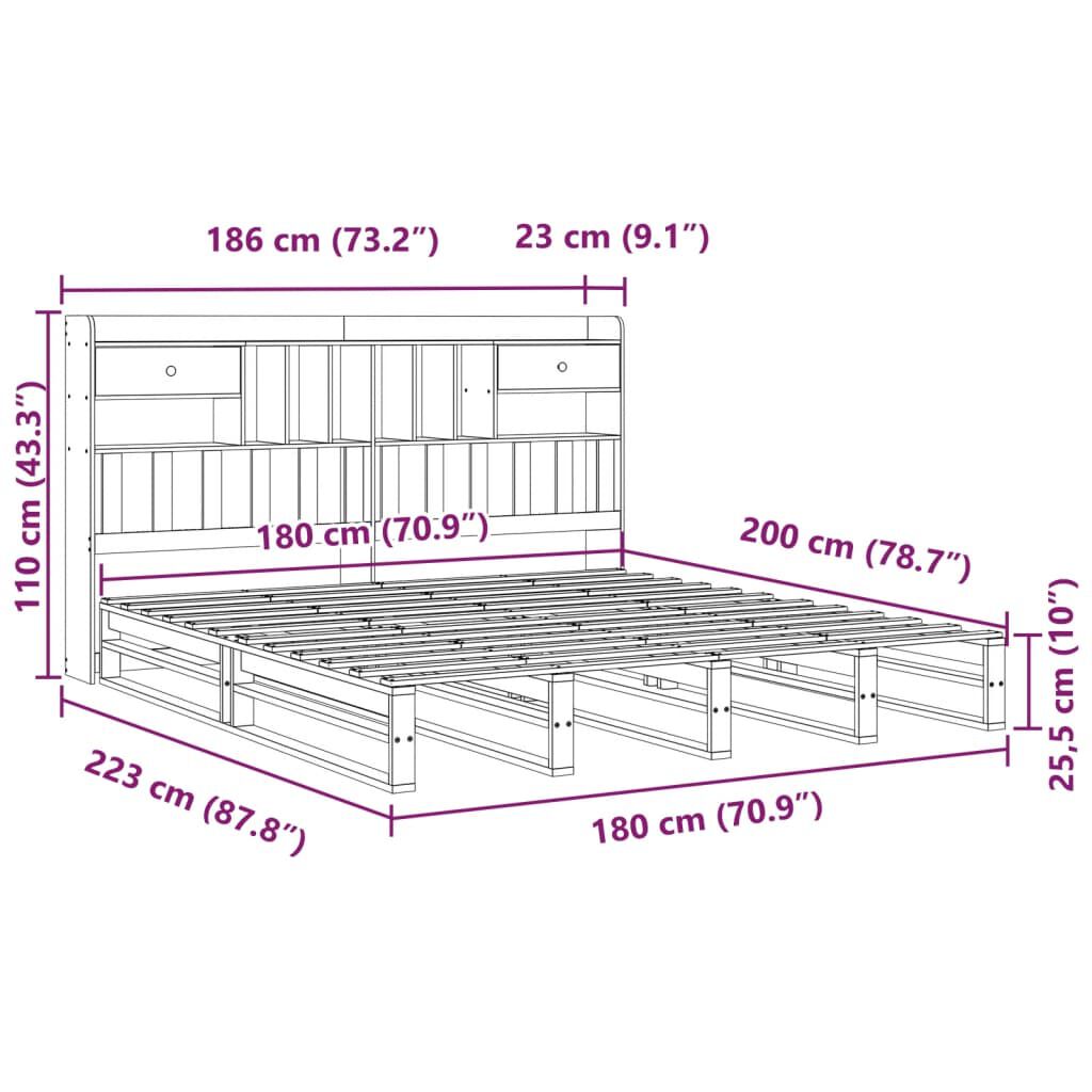 vidaXL Κρεβάτι Βιβλιοθήκη Χωρίς Στρώμα 180x200 εκ Μασίφ Ξύλο Πεύκου