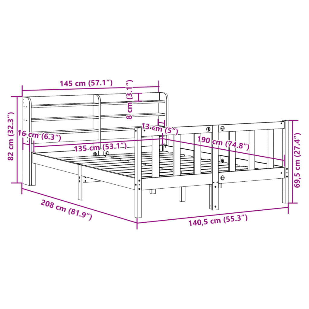 vidaXL Σκελετός Κρεβ. Χωρίς Στρώμα Λευκό 135x190 εκ Μασίφ Πεύκο
