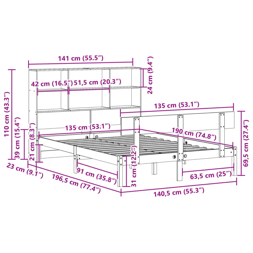 vidaXL Κρεβάτι Βιβλιοθήκη Χωρίς Στρώμα Λευκό 135x190 εκ Μασίφ Πεύκο