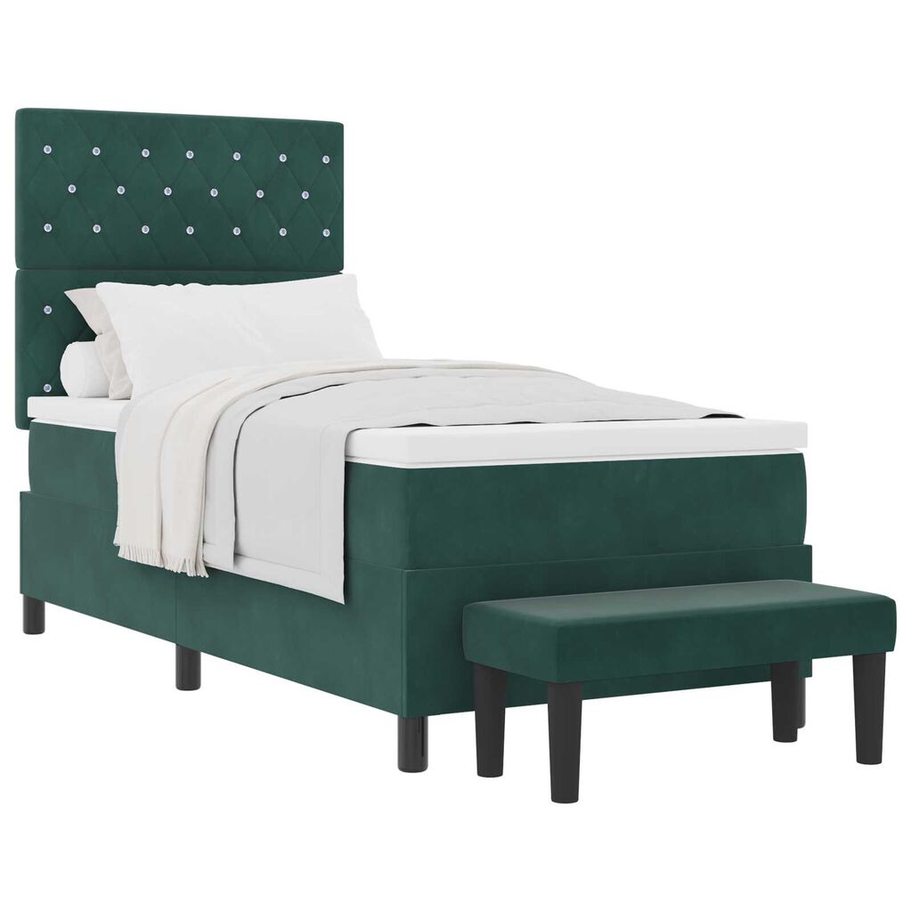 vidaXL Κρεβάτι Box Spring με Στρώμα & Παγκάκι Σκούρο Πράσινο 90x190 εκ. Βελούδο