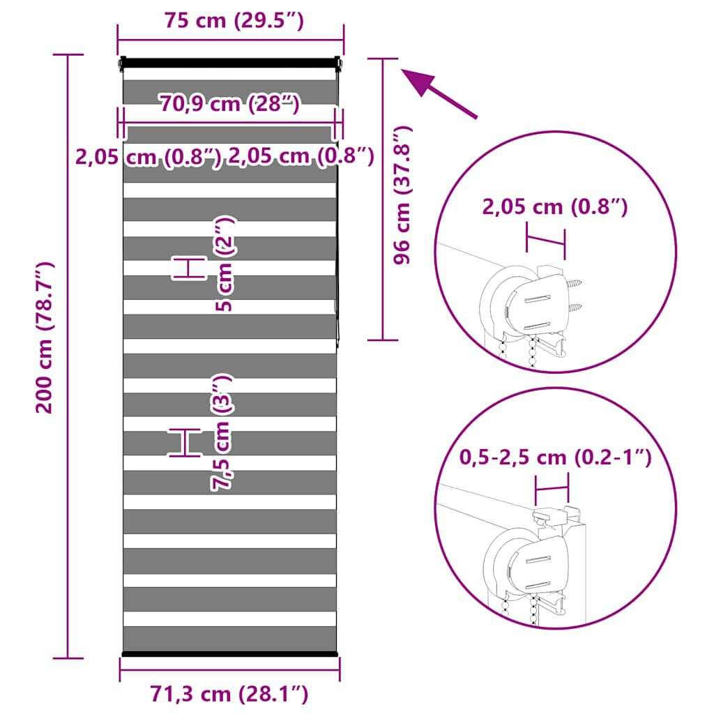 vidaXL Ζέβρα τυφλή Σκούρο Γκρι Πλάτος υφάσματος 70,9 εκ. Πολυεστέρας