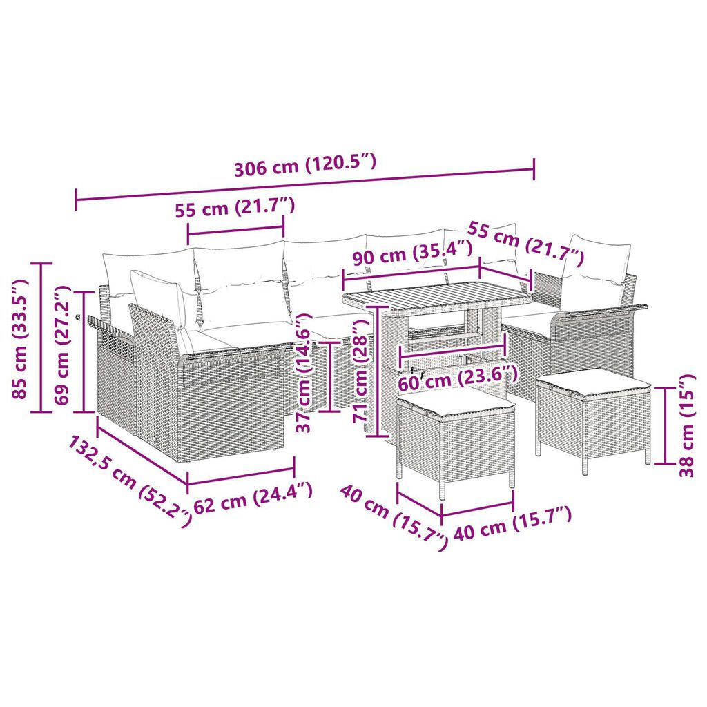 vidaXL Σετ Καναπέ Κήπου με μαξιλάρι 10 pcs Μαύρο 90 x 55 x 71 cm