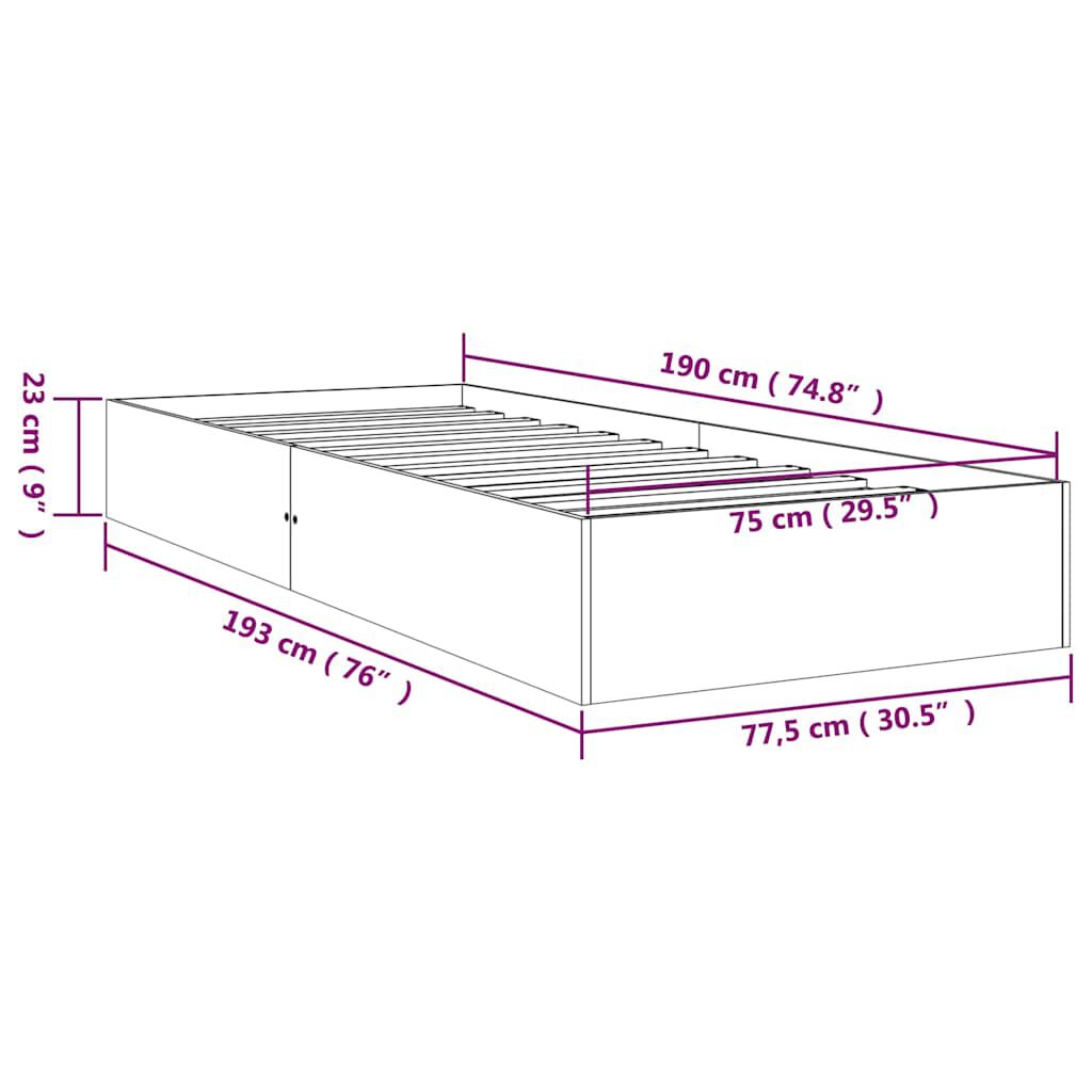 vidaXL Πλαίσιο Κρεβατιού 75 x 190 εκ. από Μασίφ Ξύλο Small Single