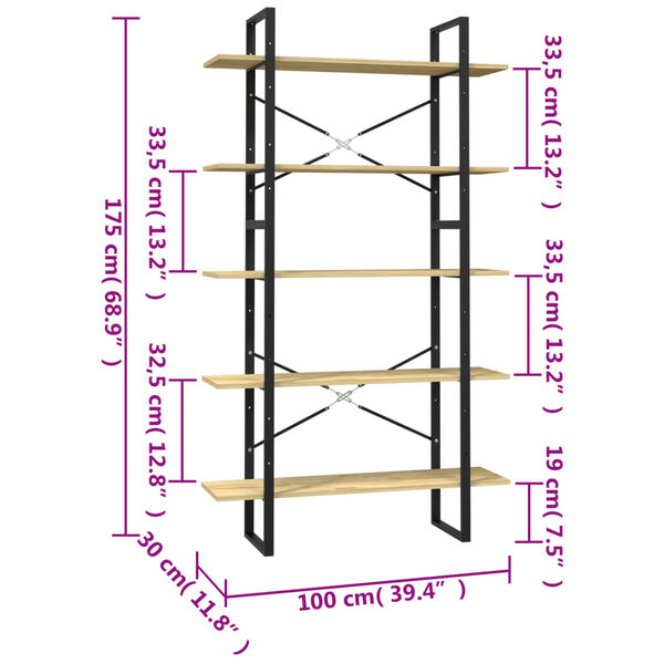 vidaXL Βιβλιοθήκη με 5 Ράφια 100 x 30 x 175 εκ από Ξύλο Πεύκου