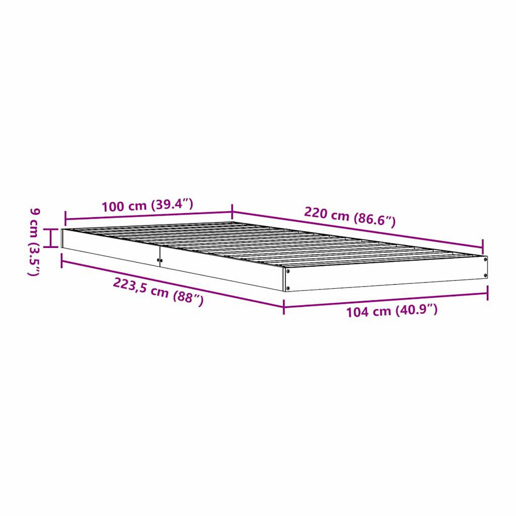 vidaXL Κρεβάτι δαπέδου Φυσικό 100 x 220 cm Μασίφ ξύλο πεύκου