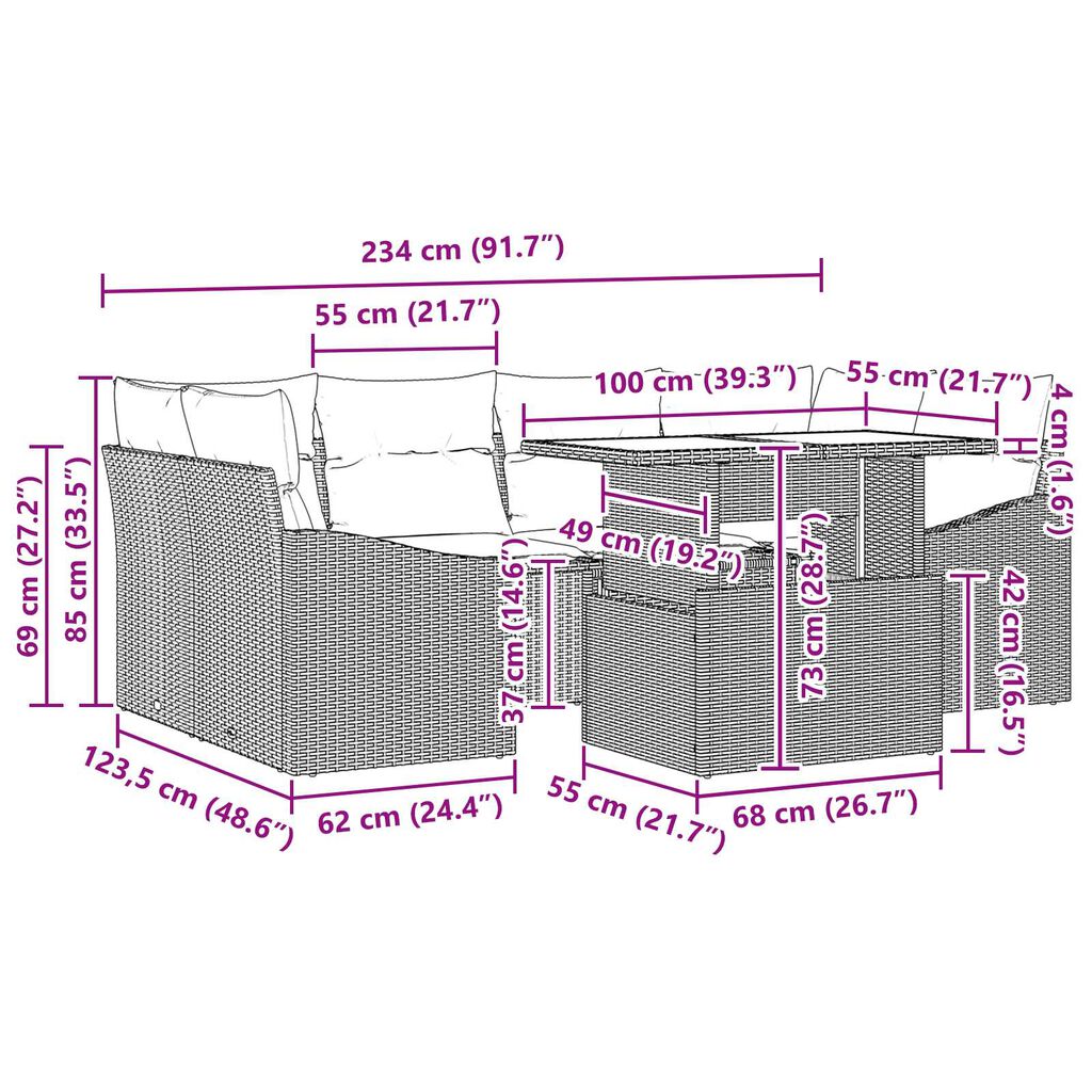 vidaXL Σετ Καναπέ Κήπου 7 pcs Μαύρο και κρεμ 100 x 55 x 73 εκ