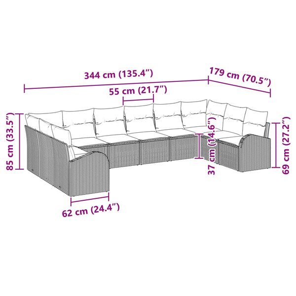 vidaXL Σετ Καναπέ Κήπου 10 pcs Μαύρο Πολυ rattan, βαμμένο ατσάλι