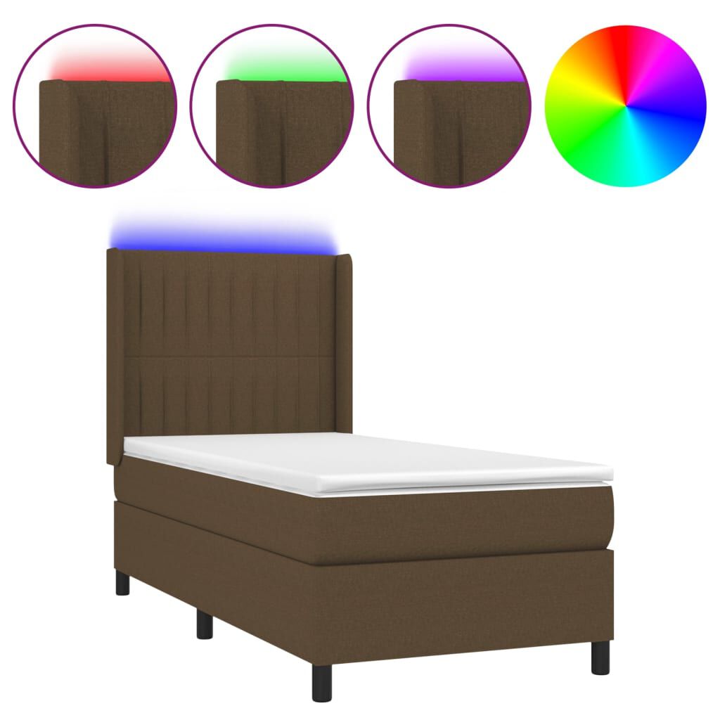 vidaXL Κρεβάτι Boxspring με Στρώμα & LED Σκ.Καφέ 90x200 εκ. Υφασμάτινο