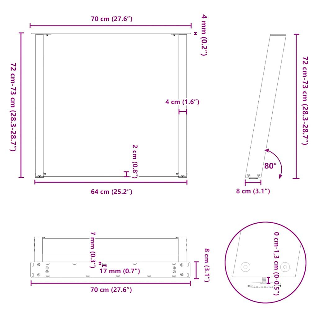 vidaXL Πόδια Τραπεζαρίας σε Σχήμα U 2 τεμ. Μαύρο 70x(72-73) εκ. Ατσάλι
