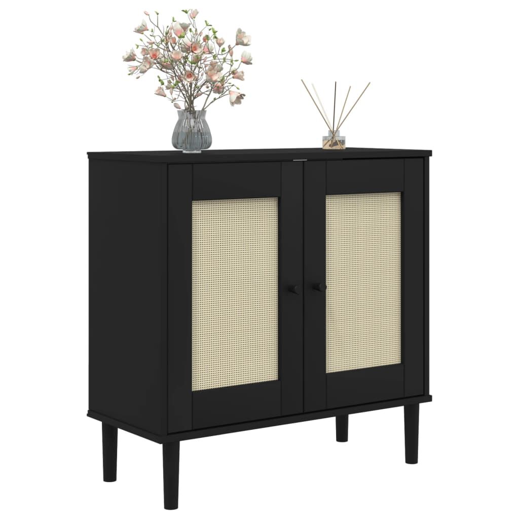vidaXL Μπουφές SENJA Μαύρο / Ρατάν 80 x 35 x 80 εκ. Μασίφ Ξύλο Πεύκου