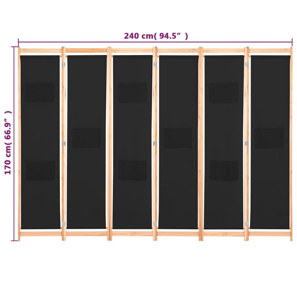 vidaXL Διαχωριστικό Δωματίου με 6 Πάνελ Μαύρο 240x170x4 εκ. Υφασμάτινο