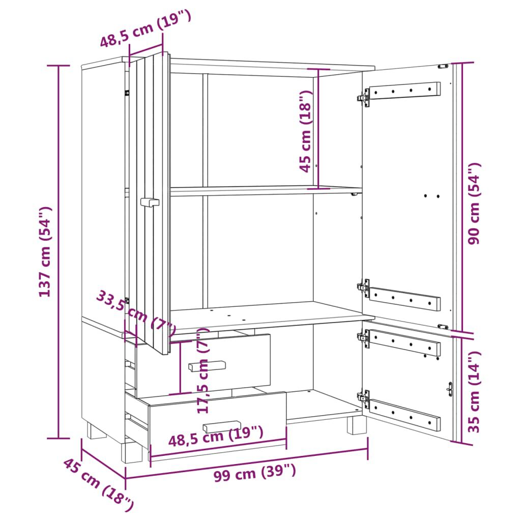 vidaXL Ντουλάπα HAMAR Αν. Γκρι 99 x 45 x 137εκ. από Μασίφ Ξύλο Πεύκου