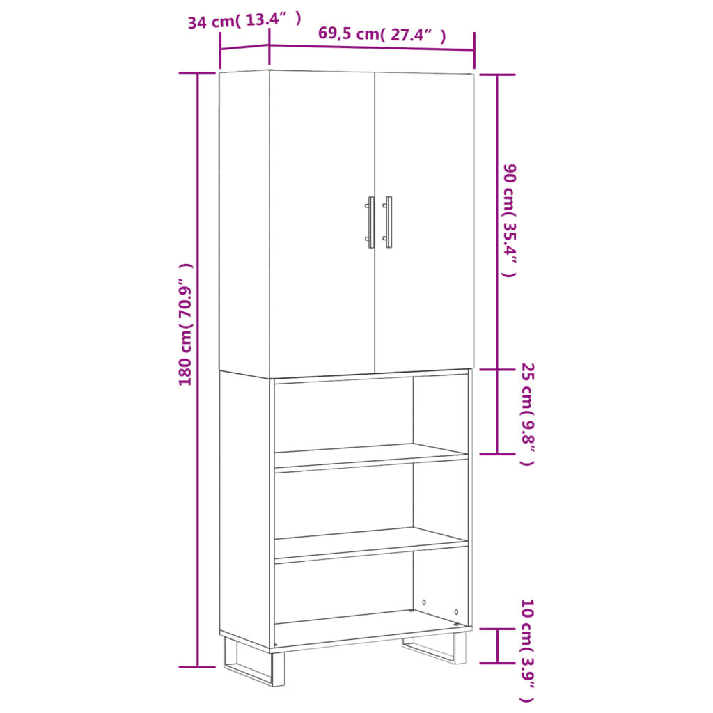 vidaXL Ντουλάπι Γκρι Σκυροδέματος 69,5x34x180 εκ. Επεξεργασμένο Ξύλο