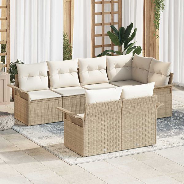 vidaXL Σετ Καναπέ Κήπου με μαξιλάρι 7 pcs Μπεζ Πολυ ράταν