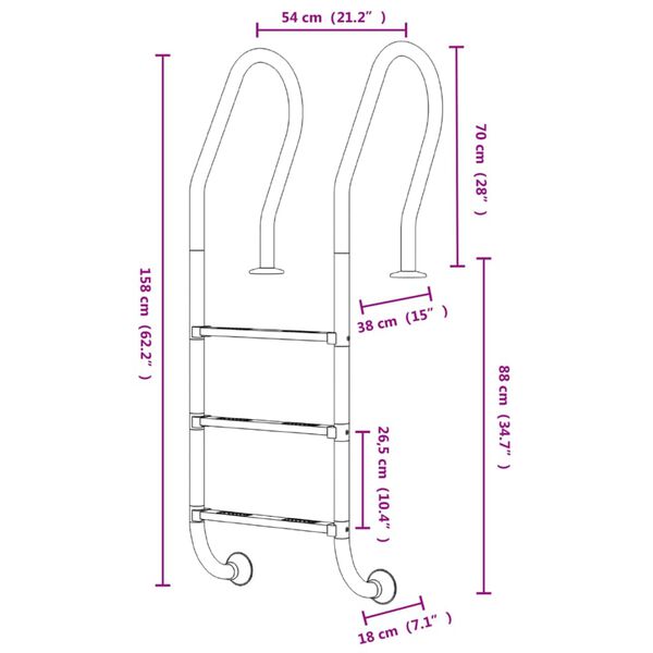 vidaXL Σκάλα Πισίνας 54 x 38 x 158 εκ. από Ανοξείδωτο Ατσάλι