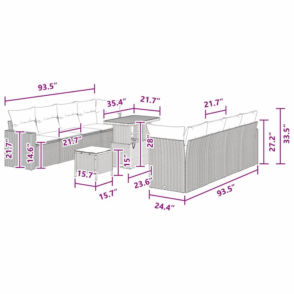 vidaXL Σετ Καναπέ Κήπου με μαξιλάρι 11 pcs Μαύρο 90 x 55 x 71 cm