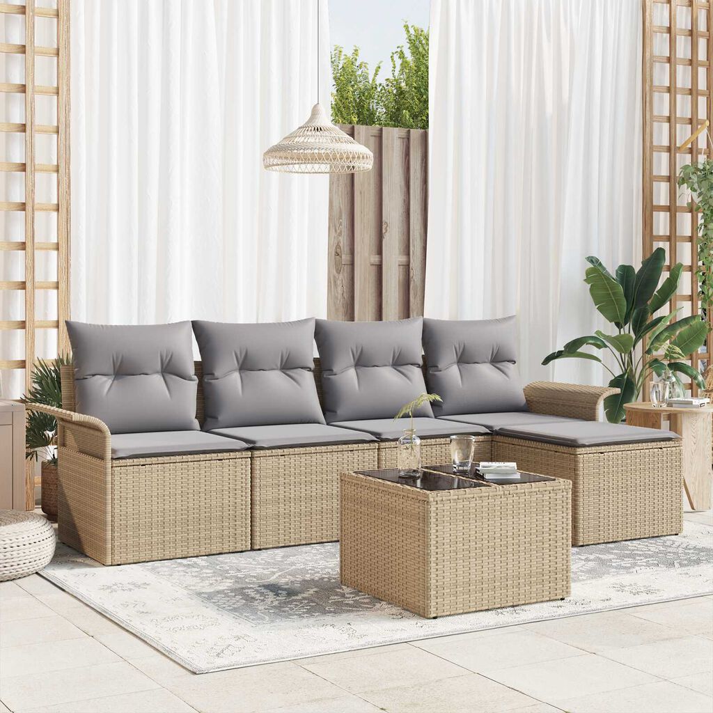 vidaXL Σετ Καναπέ Κήπου με μαξιλάρι 6 pcs Μπεζ Πολυ ράταν