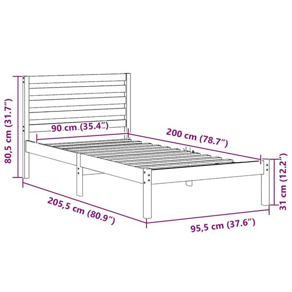 vidaXL Σκελετός Κρεβατιού Καφέ κεριού 90 x 200 cm Μασίφ ξύλο πεύκου