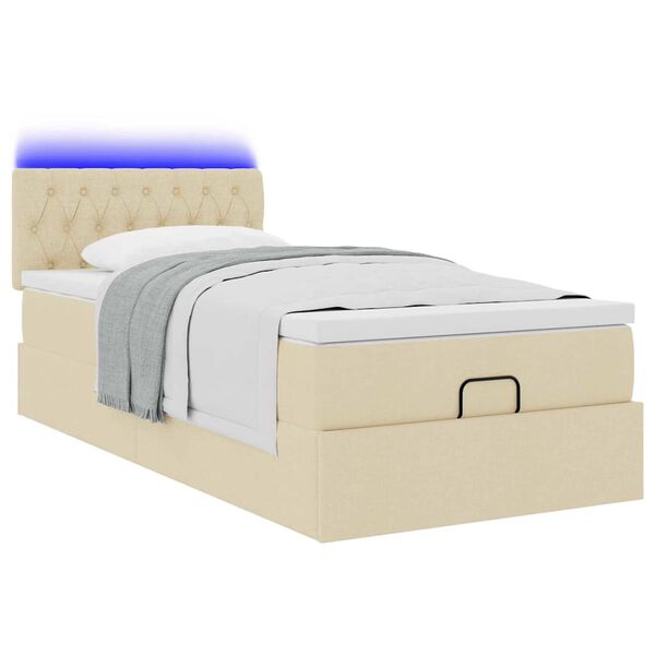 vidaXL Οθωμανικό κρεβάτι με στρώμα & LEDs Cream 100x200 cm Ύφασμα