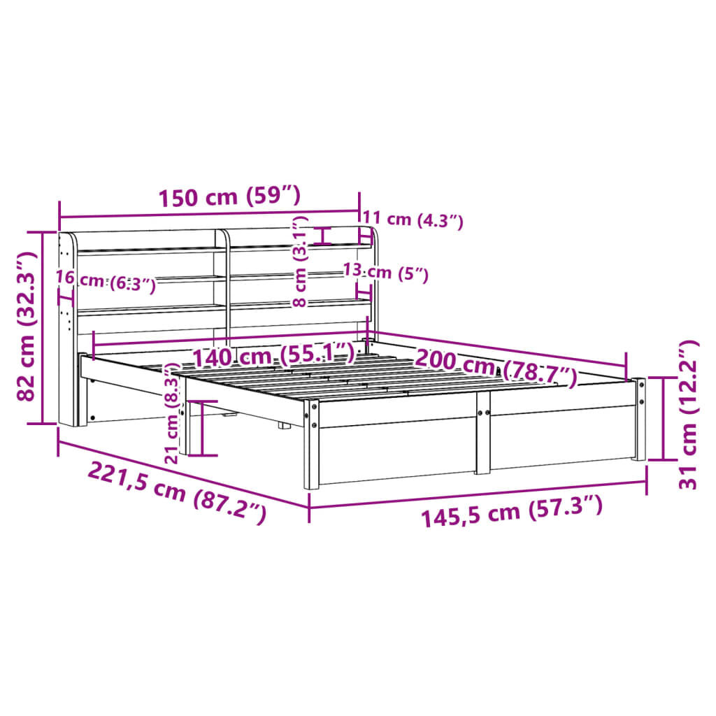 vidaXL Πλαίσιο Κρεβατιού με Κεφαλάρι 140x200 εκ. από Μασίφ Ξύλο Πεύκου