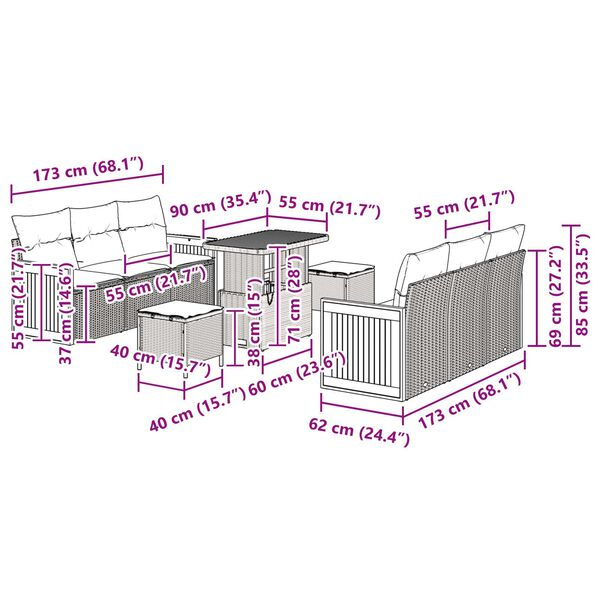 vidaXL Σετ Καναπέ Κήπου 9 pcs μπεζ και κρεμ 90 x 55 x 71 cm