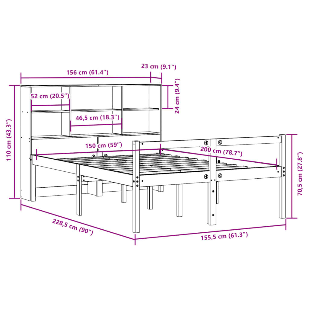 vidaXL Κρεβάτι Βιβλιοθήκη Χωρίς Στρώμα Καφέ 150x200 εκ Μασίφ Πεύκο