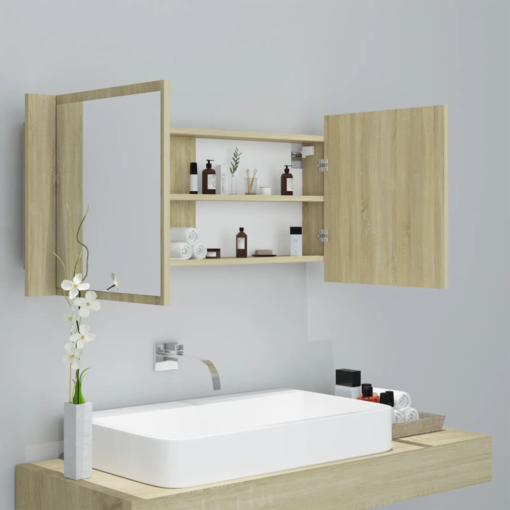 vidaXL Ντουλάπι Μπάνιου με Καθρέφτη & LED Sonoma Δρυς Ακρυλικός