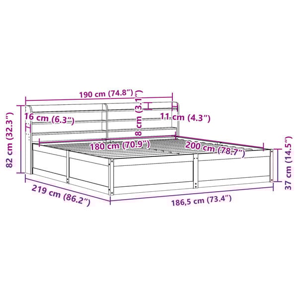 vidaXL Πλαίσιο Κρεβατιού με Κεφαλάρι 180x200 εκ. από Μασίφ Ξύλο Πεύκου