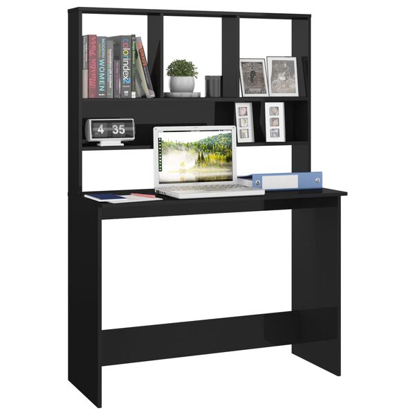 vidaXL Γραφείο με Ράφια Γυαλιστερό Μαύρο 110x45x157 εκ. Μοριοσανίδα