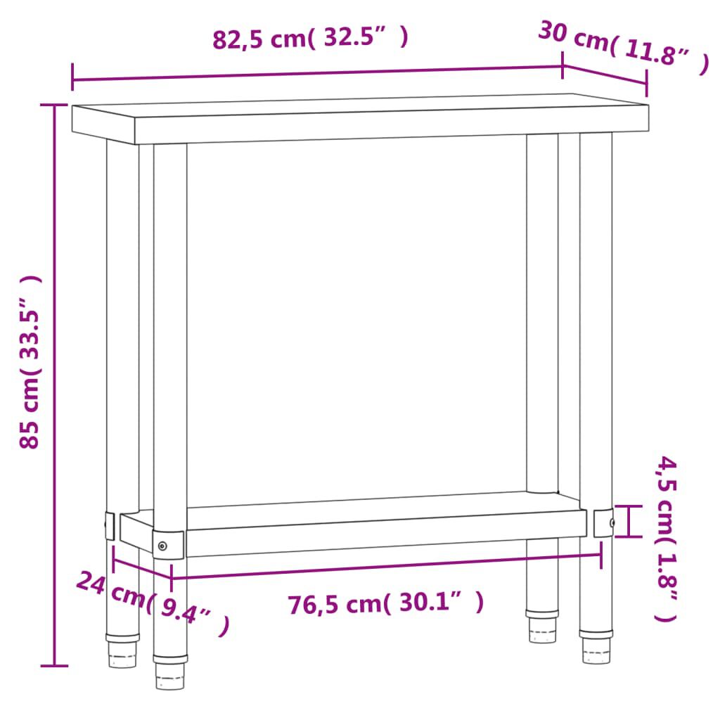 vidaXL Πάγκος Εργασίας Κουζίνας 82,5x30x85 εκ. από Ανοξείδωτο Ατσάλι
