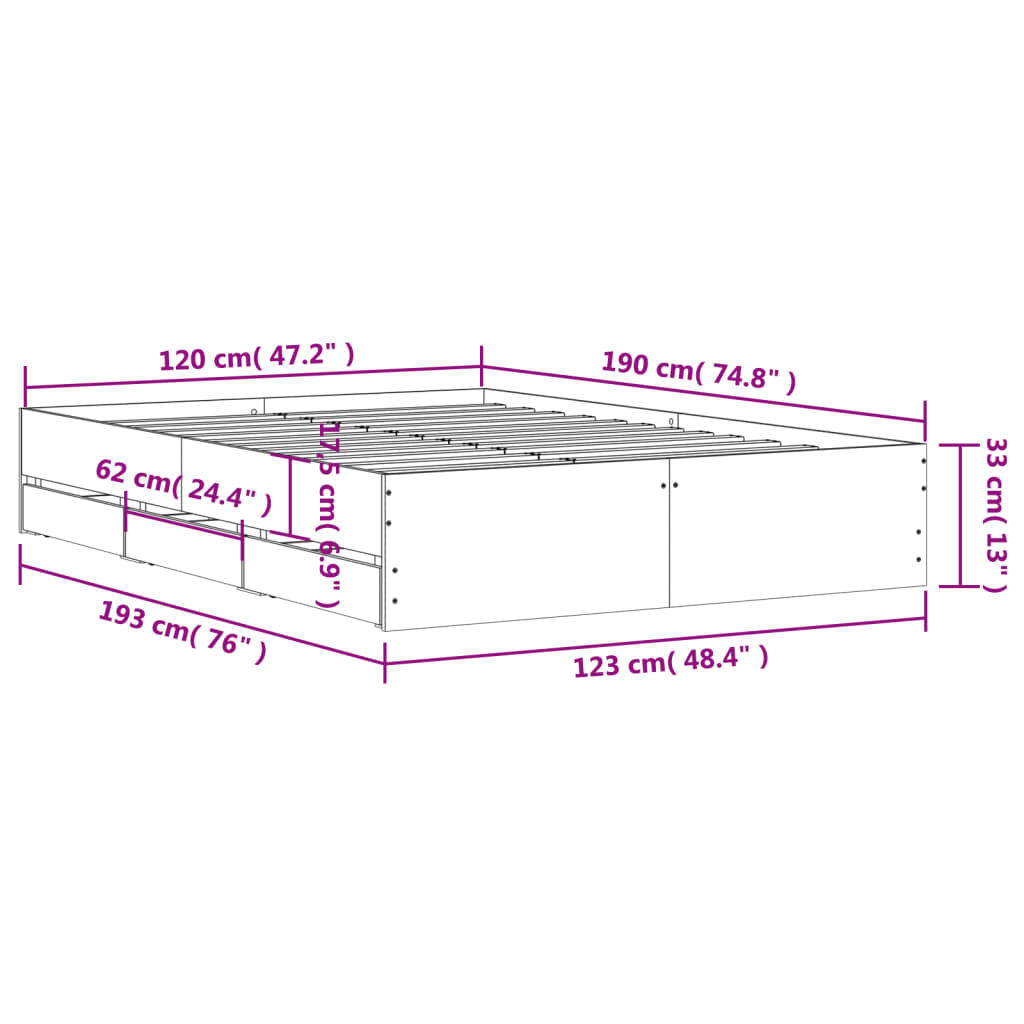 vidaXL Πλαίσιο Κρεβατιού με συρτάρια Sonoma Δρυς 120x190εκ. Επεξ. Ξύλο