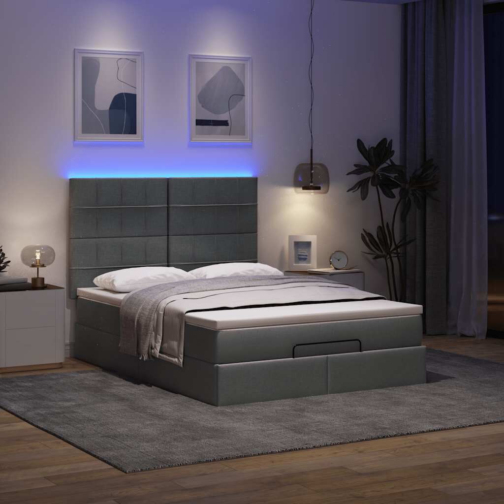 vidaXL Οθωμανικό κρεβάτι με στρώμα & LEDs Σκούρο γκρι 140x190cm Ύφασμα