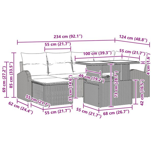 vidaXL Σετ Καναπέ Κήπου 7 Τεμαχίων με Μαξιλάρια Καφέ Ρατάν