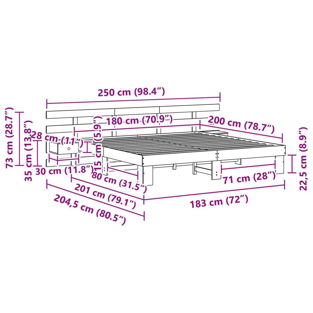 vidaXL Σκελετός Κρεβατιού με συρτάρι Καφέ 180 x 200 εκ. Μασίφ ξύλο