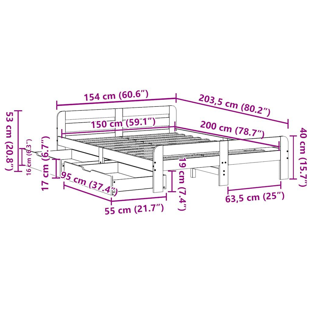 vidaXL Σκελετός Κρεβ. Χωρίς Στρώμα Λευκό 150x200 εκ Μασίφ Πεύκο