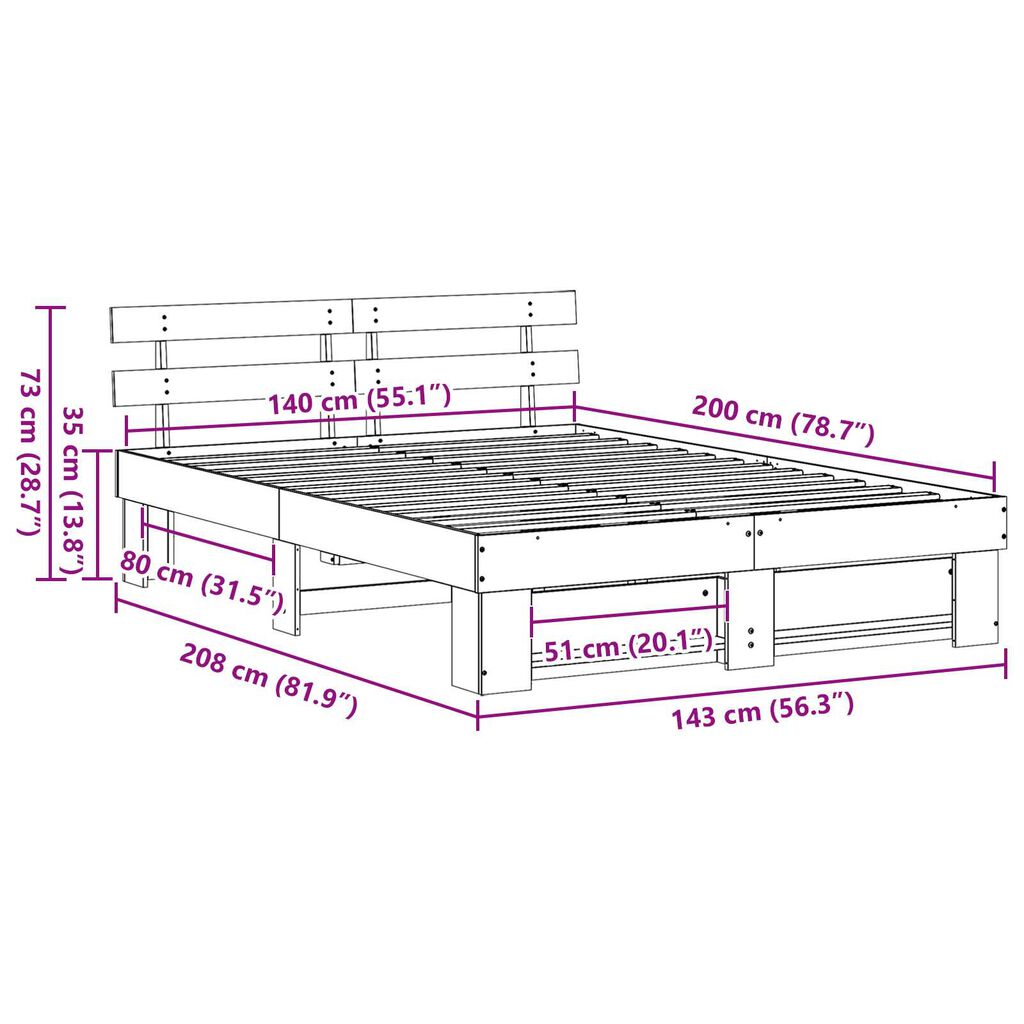 vidaXL Σκελετός Κρεβατιού Καφέ 140 x 200 cm Συμπαγές ξύλο πεύκου