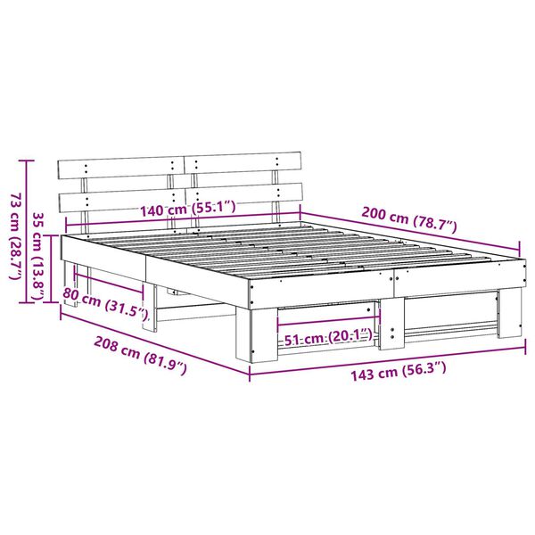 vidaXL Σκελετός Κρεβατιού Καφέ 140 x 200 cm Συμπαγές ξύλο πεύκου