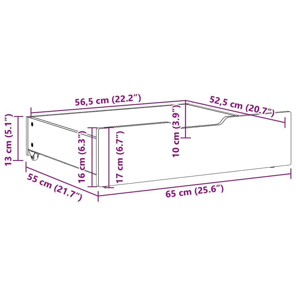 vidaXL Συρτάρια Κρεβατιού με Ροδάκια 2 τεμ. 65x55x17 εκ. Μασίφ Πεύκο