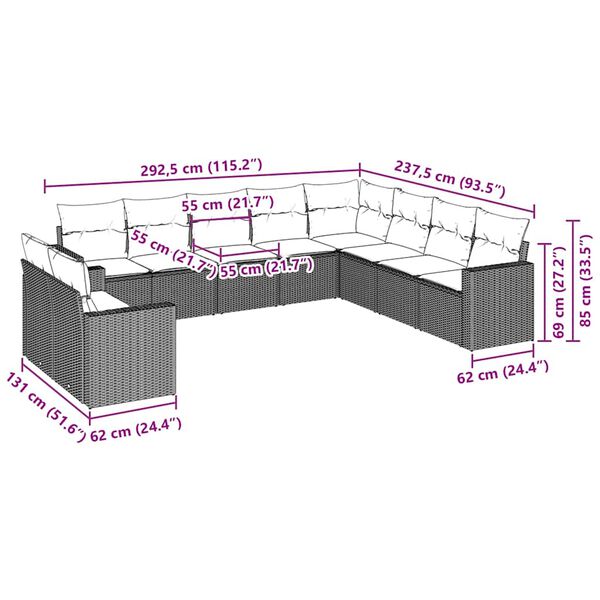 vidaXL Σαλόνι Κήπου 10 Τεμαχίων Καφέ από Συνθετικό Ρατάν με Μαξιλάρια