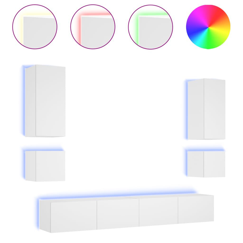 vidaXL Ντουλάπια Τηλεόρασης Τοίχου 6 Τεμ. με Φώτα LED Λευκά