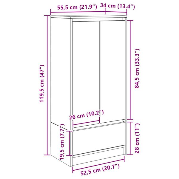vidaXL Ντουλάπι με συρτάρι 55,5x34x119,5 εκ. Ξύλινο μηχανουργικό ξύλο