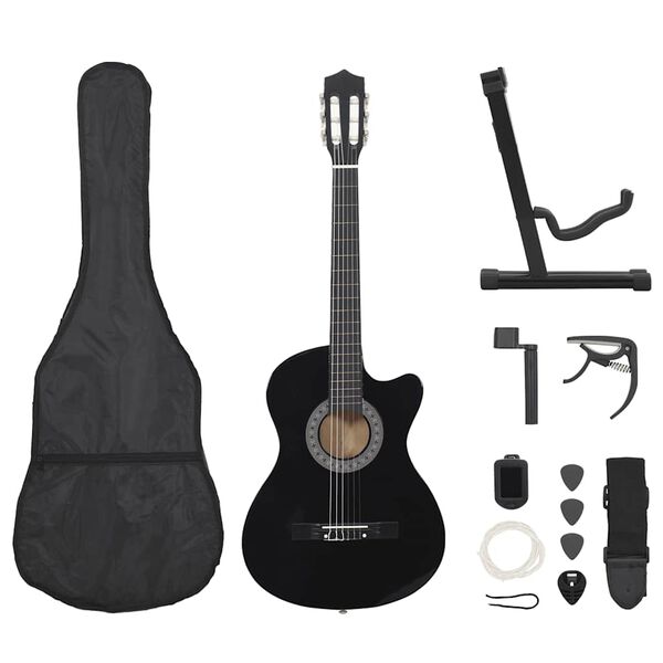 vidaXL Κιθάρα Western Classical Cutaway Σετ 12 Τεμ. 6 Χορδές Μαύρη 38"