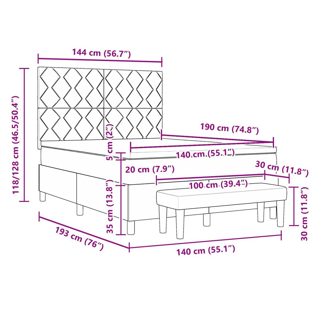 vidaXL Κρεβάτι Box Spring με Στρώμα & Πάγκο Ανοιχτό Γκρι 140x190 εκ. Βελούδο