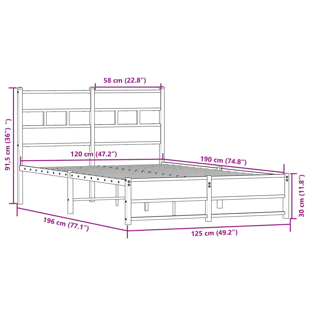 vidaXL Σκελετός Κρεβ. Χωρίς Στρώμα Sonoma Δρυς 120x190 εκ. Μεταλλικό