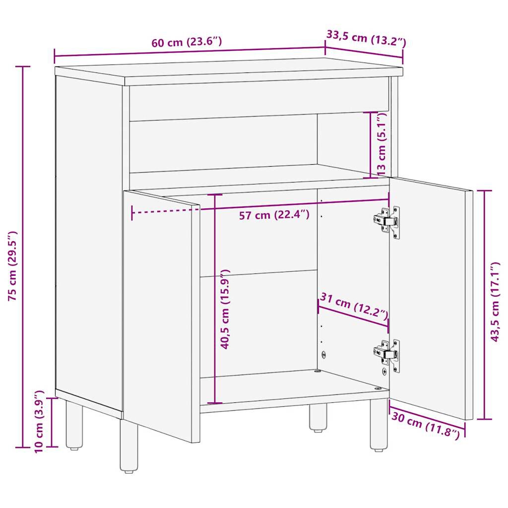 vidaXL Μπουφές 60x33,5x75 εκ. από Μασίφ Ακατέργαστο Ξύλο Μάνγκο